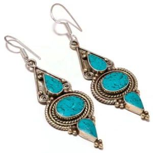 Inlaid Turquoise Gemstone Handmade Antique Engraved Tibetan Drop Dangle Earrings - Picture 1 of 3