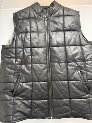 SANZZINI black leather quilted puffer vest full zip Men's 56 - Image 1 of 4