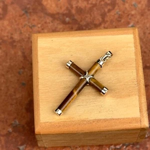 14KT Yellow Gold Tiger's Eye Brown Gemstone Detailed Cross Pendant Charm 36mm - Picture 1 of 7