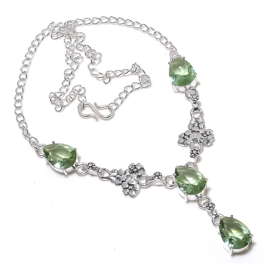 Collar Joyería Plata Esterlina 925 Hecho a Mano Piedras Preciosas Amatista Verde Talla 18" Foto 1 de 1