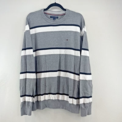 Tommy Hilfiger Sweater Mens XXL Striped Knitted Pullover Grey 100% Cotton Ribbed - Image 1 of 4