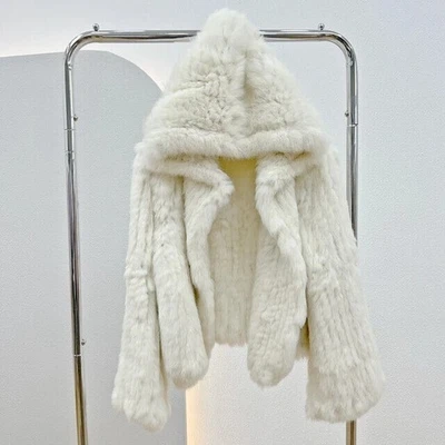 Abrigo con capucha de piel de conejo genuino tejido manual felpa cómodo cálido chaqueta para mujer S5 Foto 1 de 4