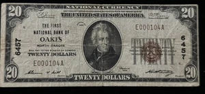 Series 1929 $20 The First National Bank of OAKES NORTH DAKOTA ND Charter 6457 - Picture 1 of 2