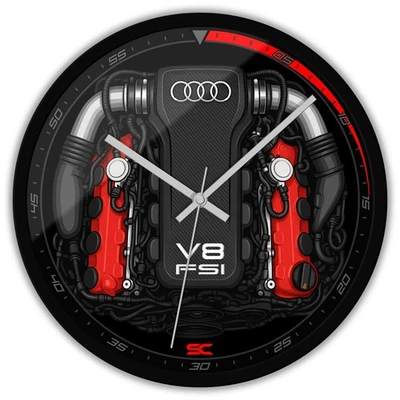 Orologio da parete Nero 30cm Silenzioso per fan di Audi Motore V8 FSI Engine - Immagine 1 di 4