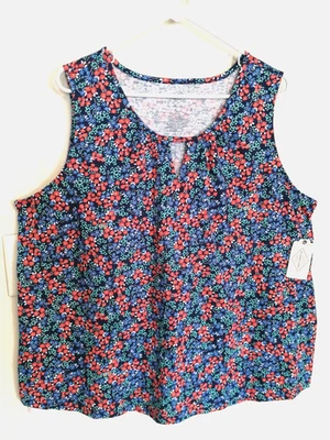 St Johns Bay Womens Tank Top 1X Plus Floral Blue Pink Ditsy Blouse Sleeveless - Image 1 of 4