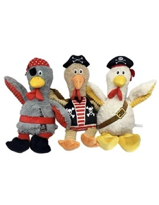 Think Dog Pirate Chicken Dog Toys (Set of 3)– Squeaky Plush – Gray, Brown, White - Picture 1 of 4