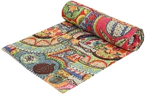 Indian Cotton Kantha Quilt Throw Blanket Bohemian Handmade King Multi Bedspread - Picture 1 of 5