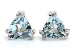 1.75 Carat Natural Aquamarine and Diamond 14K Solid White Gold Stud Earrings - Picture 1 of 5