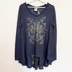 Harley Davidson Lace Panel Rhinestone Bling Long Sleeve Swing Blouse Top Large - Picture 1 of 7