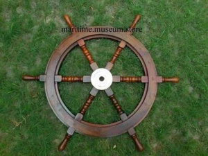 24" Brass Finishing Wooden Steering Ship Wheel Pirate Vintage Wall Boat Décor - Picture 1 of 3