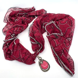 Holiday Sheer Red Silver Poinsettia Neck Scarf w Slide Clip dangle Pendant 70x18 - Picture 1 of 11