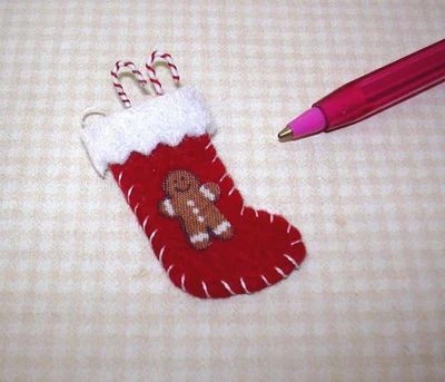 Miniature GINGERBREAD Man Stocking, RED w/WHITE Cuff: DOLLHOUSE Christmas 1:12 - Image 1 of 2