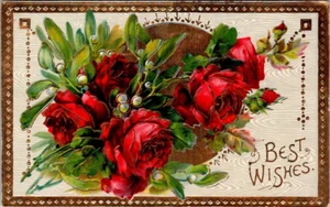 Best Wishes Gold Gilt Roses Embossed c1911 Conneaut Lake PA Postcard - Picture 1 of 3