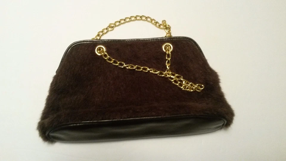 Vintage Handbag by Victorias Secret Faux Brown Fur Gold Chain  - Image 1 of 4