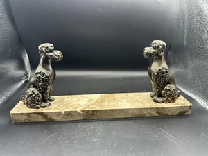 Solid Brass Poodles On Marble Sign Holder Figurine Statue Dog - Picture 1 of 10