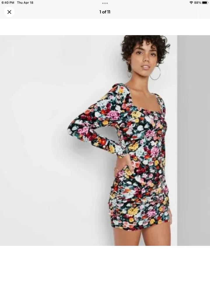 Wild Fable S Dress Velvet Black Floral Print Long Sleeve Ruched Bodycon Women