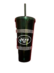 NFL New York Jets 2X BLING Insulated Double Wall Tumbler Cup Glass Straw 22oz - Picture 1 of 3