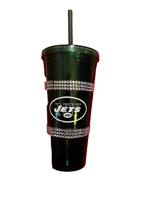 NFL New York Jets 2X BLING Insulated Double Wall Tumbler Cup Glass Straw 22oz - Image 1 of 3
