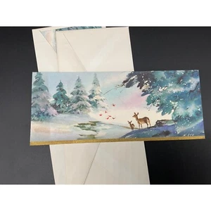 Vintage N. Ito Winter Hirsch Szene Notizkarten Gold Glitzer Borte Schreibwaren Set - Bild 1 von 4