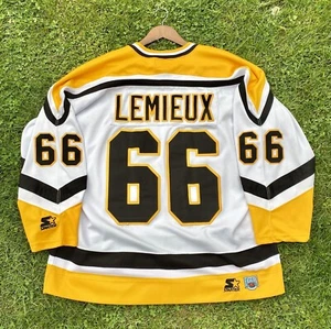 Vintage Starter NHL Mario Lemieux #66 Pittsburgh Penguins White Jersey XXL (G) - Picture 1 of 6