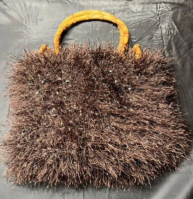 Bolso de mano vintage de piel sintética marrón con asas de bambú Foto 1 de 4