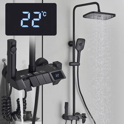Black Bathroom Rainfall Shower Faucet Set Exposed Shower System with Mixer Valve - Image 1 of 4