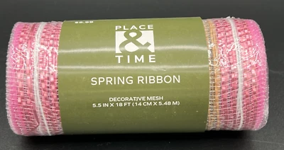 JoAnn Place & Time Spring Ribbon Decorative Mesh Pink Brown 5.5 in x 18 ft ~ NEW - Image 1 of 2