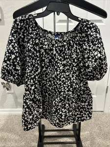 Old Navy Womens Top Size Large Black Tan Floral Open Back Short Puff Sleeve - Picture 1 of 5