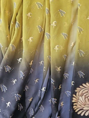 Silk Chiffon Fabric Brown & Olive Ombre Gold Accents Double Border 45"×5yds Sari - Image 1 of 4