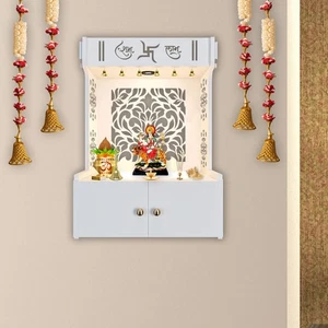 Swastika Jali Wooden Wall Mount Temple with Spacious Shelf & Inbuilt Focus Light - Picture 1 of 5