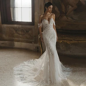 Vestidos de novia de sirena para novia apliques de encaje fuera del hombro tren de corte - Imagen 1 de 7