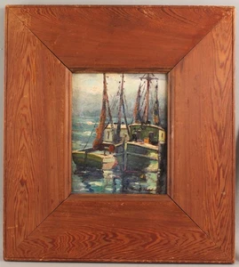 Pintura al óleo antigua firmada KNUTE HOLDNER impresionista barco de pesca puerto, sin precio base - Imagen 1 de 6