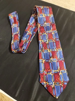 Vtg Manhattan Extra Long Italian Silk Necktie Blue,Tan, Red Made In USA Classic - Imagem 1 de 4