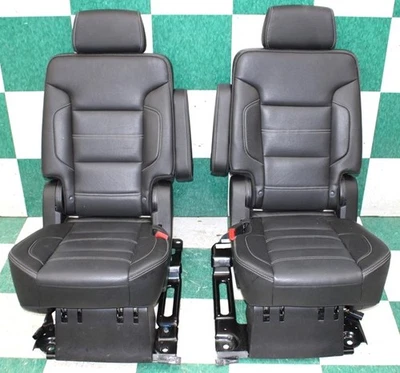 20' YUKON SWB Leather Black LH RH Heated Second Row Captains Bucket Seats Pair Foto 1 de 4