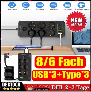 Regleta de enchufes 8 velocidades 3USB regleta de enchufes conmutable regleta de alimentación Master On/Off - Imagen 1 de 17