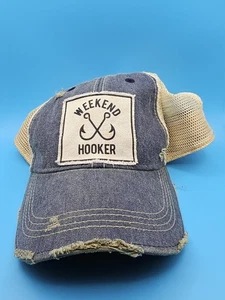 Funny "Weekend Hooker" Snapback Trucker Hat Blue Adjustable Distressed Mesh Back - Picture 1 of 5