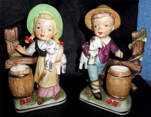 Porcelain Figurines Boy & Girl w/ Sheep by Tiso Japan Vintage Kids NICE HL - Picture 1 of 1