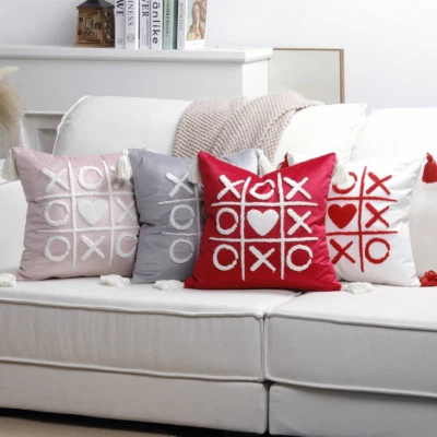 XOXO Heart Embroidery Cushion With Tassels Romantic Home Decor Gift - Image 1 of 4