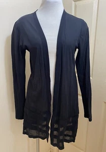 PAULA RYAN Black Open Longline Sheer CARDIGAN SIZE M NEW ZEALAND Mesh Stripe - Picture 1 of 9