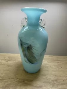 Vintage Chinese Blue Dalian Glass Vase Paint Spill Effect 21cm Tall - Picture 1 of 6
