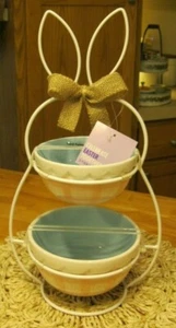 EASTER BUNNY STAND White 2 ADORABLE Pink HAND PAINTED Plaid Serving BOWLS NWT - Picture 1 of 8
