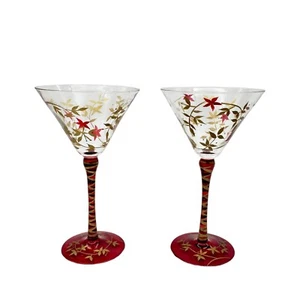 Vintage Pier One Imports Red Stem & Base Gold Leaf Martini Glasses Hand Blown - Picture 1 of 7