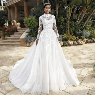 High Neck Tulle Wedding Dresses Long Sleeve Appliques Buttons Back Bridal Gowns - Image 1 of 4