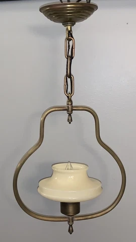 21” Long Wired Light Fixture Brass Custard Slip Shade  Art Deco 120F Cover