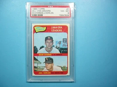 1965 TOPPS MLB BASEBALL CARD #7 AL E.R.A. LEADERS JOEL HORLEN PSA 8 NM/MINT GL - Изображение 1 из 2