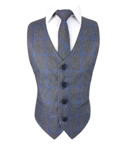 Boys Tweed Windowpane Check Waistcoat Cotton 3 Piece Formal Smart Casual Tie Set - Picture 1 of 13