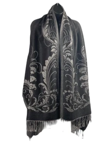 Scialle Pashmina Carbone con Motivi Floreali Argento - Eleganza Classica con Frange per - Foto 1 di 7