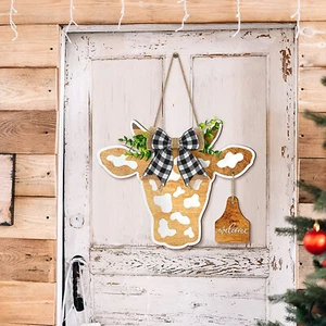 Welcome Sign Front Door Decoration Cow Head Door Wreath Lattice Bow Decoration - Picture 1 of 8