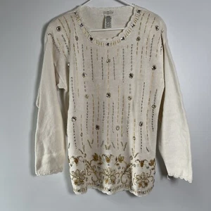 Vintage Womens L Cream Sweater Embroidered Festive Beaded Ramie Cotton Knit Y2k - Picture 1 of 17