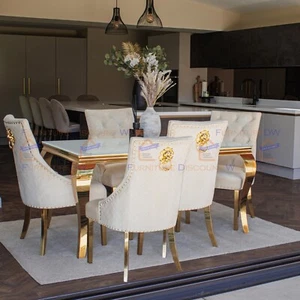FurnitureDW Gold 1.5m Dining Table White Glass Top and 6 Chairs Velvet Cream Set